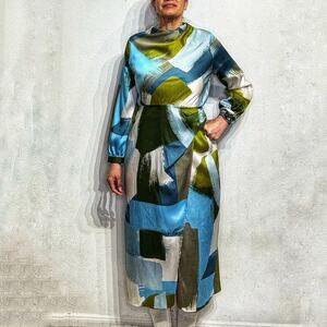Zara Blue Multicolor Abstract Print Midi Dress Sz L NWT